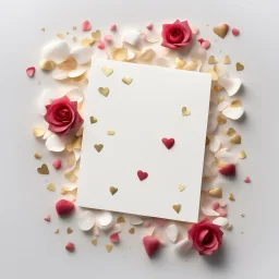 A photo of a white folded card, 5.5 by 4.25 inches. The card is vertically positioned on a beautiful white surface, positioned between rose petals and litte golden hearts.