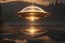 golden flying saucer traveling in the galaxy, transparent, crystal with lights, starry sky, beautiful extraterrestrial being in levitation, over a lake, finely tuned detail, ultra high definition, 8 k, unreal engine 5, ultra sharp focus