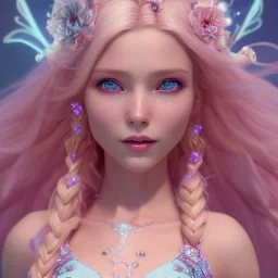 cheerful fairy, big smile, pink, blonde hair, beautiful, whole face, whole top hair head, wide open blue eyes, transparent wings onn the back, hyperrealism, masterpiece, expert, cinematic lighting, sharp focus, 8K, pastel, macro lens, woman, detailed, flower