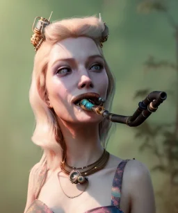 Ultra realistic photographic portrait, happy blonde woman smoking a pipe in Wonderland, wide angle view, smile steampunk dress style, marihuana plants, color fog, color smoke, soft color, highly detailed, unreal engine 5, ray tracing, RTX, lumen lighting, ultra detail, volumetric lighting, 3d, finely drawn, high definition.