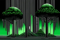 art deco trees with computer microchip textures, strange landscape surrealism, minimalism, green and black dual colors.