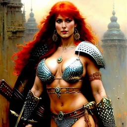 portrait beautiful face Red Sonja, busty,ancient metal armor balanciaga fashion clothe painting by gaston bussiere, greg rutkowski, yoji shinkawa, yoshitaka amano, tsutomu nihei, donato giancola, tim hildebrandt, oil on canvas, cinematic composition, extreme detail,fit full head inside picture,16k