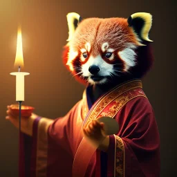 a cute litte red panda wearing Hanfu, holding a large candle, BK complex detail, cinema, reality, detail, octane rendering, stoic cinematic 4k epic detailed photograph shot on kodak detailed bokeh cinematic hbo dark moody 8k, 85mm f/16 by leica