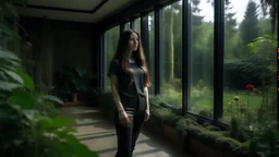 A young woman with long brown hair wearing a black top and pants standing in a modern glass-walled room overlooking a lush outdoor garden