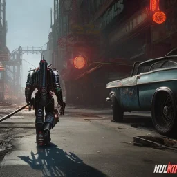 fallout 4 character on rollerskies in the streets of cyberpunk city, unreal engine