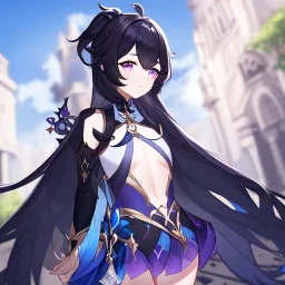 Clear focus,High resolution, Black long fluffy hair, and purple eyes, wearing a Genshin Impact Inspired Outfit,Detailed Clothes,A little bit revealing, must wear a short skirt