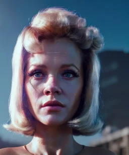 Ultra Realistic retro sci-fi movie, classic ovni levitating, 1960 year, waist up view portrait, blonde woman, sweet teenager Jane Fonda face, perfect cyan iris, glow eyes, face makeup, tight latex coat, retro glass helmet, Retro sci-fi style, soft color, highly detailed, unreal engine 5, ray tracing, RTX, lumen lighting, ultra detail, volumetric lighting, 3d, finely drawn, high definition, high resolution.