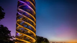 94614, delightful, sensitive, confident, iridescent double helix tower, delicate, nocturnal, architecture, award-winning photograph, beautiful composition, filled with beautiful detail, delicate colour, chiaroscuro