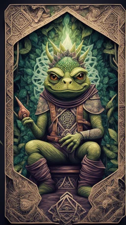 mandala style framed playing card illustration, close up portrait of an ace happy blessed ancient magical scaly slimy weird Bullywug mad max soldier posing for photo shoot on a throne, holding a burning sceptre, in a space alien mega structure with stairs and bridges woven into a sacred geometry knitted tapestry in the middle of lush magic jungle, bokeh like f/0.8, tilt-shift lens 8k, high detail, smooth render, down-light, unreal engine, prize winning