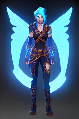 a person in runic armor with blue wings, blue short hair, runic tattoo and spell book