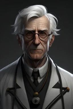 A crazy submarine doctor, young german with white hair. realistic grimdark.