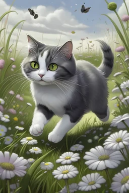 (((Animagine style))), (((Anime 90 style))), Cute grey cat with white underbelly and a black stripe running from the cat's head, back, and ending at the cat's tail tip with fluffy and sleek fur trotting through a field of flowers, hyper-realistic