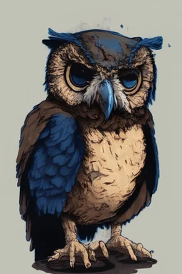 hangover from a night of heavy drinking, comic style, with a brown owl, (colour dark blue), funny