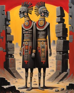 long-legged surreal lean black-grey ancient Azteka priests with ribbon-shaped heads in overcoat, profile, semi-silhouettes among ramshackle ruins in a barren landscape of red, yellow, black and beige colors, intricate acrylic painting