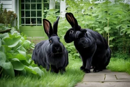 Photograph of a GIANT black rabbit standing next to a house