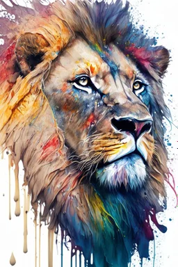 "lion", clean design, art station, splash of colorful paint, contour, ((solid white background)), gazing into camera, hyperdetailed intricately detailed, unreal engine, fantastical, intricate detail, splash screen, complementary colors, fantasy concept art, 8k resolution, DeviantArt masterpiece, watercolor, paint dripping