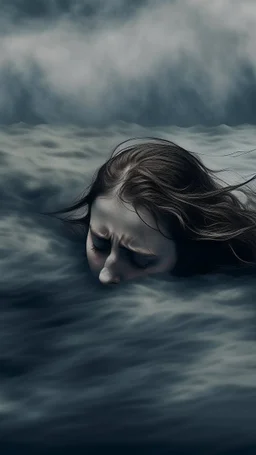 Mourning in dephts of ocean. A woman sinking sadly