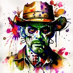 Cowboy Zombie portrait, impressionism, watercolor blotch art, rough watercolor blotches, out of focus, expressionism, pentimento, dark background, ink splatter, depiction of light in in its changing qualities, by Claude Monet