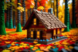 a lego tiny, cozy a-frame cabin in the woods surrounded by colorful autumn leaves