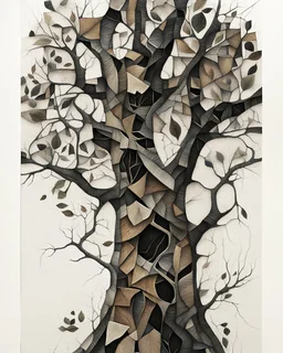 Abstract primitive tree composed of organic bark and leaf textures, fragmented into interlocking sections of varying magnification (macro veins, branch close-ups, distant silhouettes), all fused with no boundaries; rough charcoal, angular limbs and leaves, each section using distinct hatching densities and mark systems, high-contrast black on white, naive cubist/raw sketch style, continuous bleeding collage, square frame, edge-to-edge. Colored in rich but soft earth tones with the blacks preser