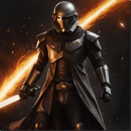 star wars bald male corellian jedi pilot wearing black and gunmetal grey old republic armored flight suit with gold trim, a lone battle-ready Jedi Master defending a ruined city surrounded by golden light, hyperdetailed, dynamic lighting, hyperdetailed background, 8k resolution, volumetric lighting, light skin, fully