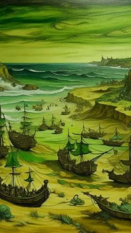 An olive green seaside pirate themed land painted by Vincent van Gogh