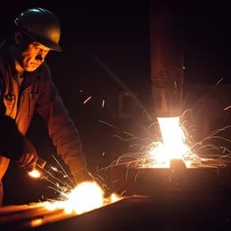 Imagen realista y dramática de una trabajador en una fábrica de fundición rodeado de las chispas que saltan, en medio de la penumbra, primer plano del trabajador mirando la pieza que funde. Fotografía periodística realizada con una cámara Leica y un objetivo de 50 mm