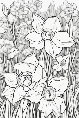 flowers coloring page for kids, daffodil, cartoon style, thick outline, low details, no shading, no color