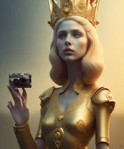 Statue of Queen of photography holding camera in hands. Cute blonde woman. Photographer in golden crown. Standing on the street. Big camera in her hand. hyperdetailed, photorealistic, trending on artstation, greg rutkowski, beksinski, kodachrome, volumetric lighting, gold and cyan