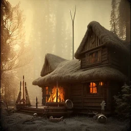 an viking fire place in old house, scary, steam punk, realistic, made in octane, cinematic, ultra-realistic, extremely detailed octane rendering, 8K, VRAY Super Real ar 2:3, dof photorealistic futuristic 50mm lens hard lighting dark gray tintype photograph, realistic lighting, sepia color