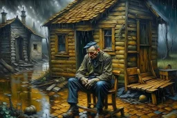 A Painting of a poor man siting on a chair in his broken home. Around the house there are a lot of expensive houses. It is raining and the man is sad