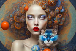 A surreal portrait of a woman with large, expressive blue eyes and red lips, with her hair adorned with swirling patterns in a kaleidoscope of bright colors including oranges, blues, and greens, resembling candy-like curls and abstract floral elements. She is gently holding a small siamese cat with glossy tawny fur. The background is a continuation of the swirling, dreamlike patterns that complement the colors found in the woman's hair, creating an overall fantastical and harmonious composition