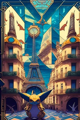 Pokemon city, Paris Lisbon mashup, portuguese tiles, cyberpunk, fantasy, celestial