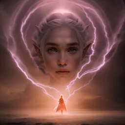 photoreal twenty-year-old Daenerys Targaryen goddess as powerful elf lightning wizard with glowing eyes in heavy purple orange fog water wall by lee jeffries, octane render, 8k, high detail