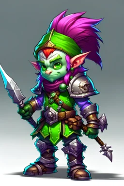 male DnD rock gnome with bright purple hair, green eyes, pale skin. He wears studded armor and carriers a rapier sword. All of his armor is Christmas themed.
