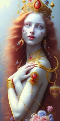 ultradetailed beautiful portrait painting of love Aphordite with long flowing red hair and sharp piercing gaze of blue eyes, smiling lip, sweet smile, alluring beauty, wearing jade jewels, roses, ultra ornate, gold leaf deatils, wearing white dress, by conrad roset, greg rutkowski and artgerm, trending on artstation