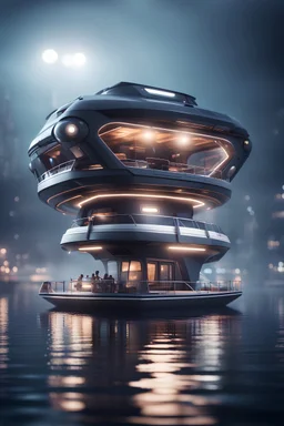 a misty catamaran modular house boat that looks like a dark twisted alien space ship with spotlights, in advanced hi tech dock, bokeh like f/0.8, tilt-shift lens 8k, high detail, smooth render, down-light, unreal engine, prize winning