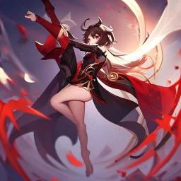 Clear focus,High resolution, black long hair, Vibrant red eyes, Genshin impact inspired outfit, wearing a short skirt, kicking pose, full body, jumping