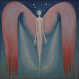 Since my angel stopped watching over me, he can freely unfold his wings and split the silence of the stars, semi-abstract painting by artist "Mark Rothko", by artist "Leonora Carrington"