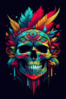 : t-shirt design, colorful skull with feathers on it’s head, digital art by Petros Afshar, behance, psychedelic art, psychedelic, behance hd, vivid colors