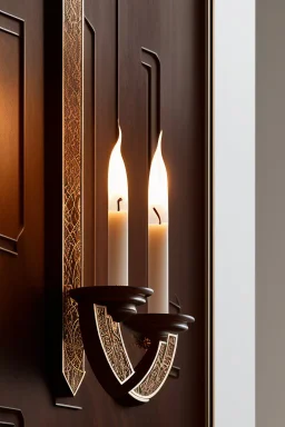 antique wall sconce with burning candle, close up photography, wood, on white background, ultra detailed, geometric details, in the style Medieval , Canon EOS, 35mm lens, 8k, photorealistic, --ar 2:3