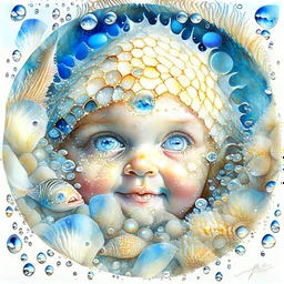 Beautiful happy seashell child with intense blue eyes, fish scales, fantasy, portrait, seafruits, starfish, shells, net, bubbles,.Jean-Baptiste Monge style, 3D, optical illusion, surreal, a masterpiece, razor-sharp focus, dynamic lighting, watercolour and ink no text, no watermark Modifiers: beautiful high detail fantastic view close up colourful