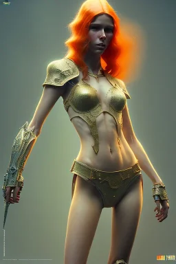 painting of a tall elven young woman with short light orange hair and freckles on the cheak bones and tall body of a topmodel light clothes, full body, ultra realistic, concept art, intricate details, eerie, highly detailed, photorealistic, octane render, 8 k, unreal engine. art by artgerm and greg rutkowski and charlie bowater and magali villeneuve and alphonse mucha