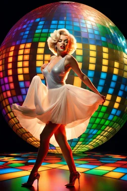 Marilyn Monroe in Saturday Night Fever pose on a dance floor with coulored light and a big disco globe. The image should be a concept art, 16K HDR, ultra realistic with unique natural textures, slight imperfections, rendered with vray, ultra-high quality, intricate details, ray tracing, realistic genre scene, high resolution, cinematic