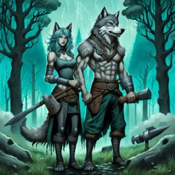 an anthropomorphic wolf-man hybrid in dark gray body hair and anthropomorphic wolf-female hybrid with pale gray body hair carrying a blacksmith's anvil in a blue-green meadow, in the background trees with huge trunks rainy day, high contrast, high detail, atmospheric, dark fantasy, sci-fi atmosphere