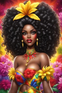 Create a digital airbrush cartoon of a curvy African American female wearing Brazilian carnaval outfit outfit that's Black, yellow, and red Prominent make up with hazel eyes. Highly detailed very long extremely curly black hair. Her skin is smooth and silky. Background eof a judge full of colorful flowers