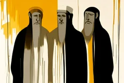 (three:2) determined ancient male Jews (wearing Jewish jewelry:2), acrylic painting, minimal art, centered, wild sparse brushstrokes, amazing verticals, great parallels, low bleak colors of gold, beige and black, excellent negative space contrasts