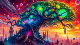 A large, fantastical tree with twisted, colorful branches and roots that extend across a surreal, futuristic cityscape. The tree is filled with glowing orbs, crystals, and other mystical elements. The background features a vibrant, dreamlike sky with a warm, fiery color palette