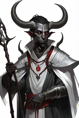 En Young male black skin black hair tiefling Wizard with large horns glowing Silver and White symbols Everywhere on his body. He's wearing silver and White Rope and a silver cloak. His horn a perfectly place on acet from the front to the back pointing upwards with glowing Red cat Eyes holding a quarterstaff. His close is elegant get simple his horns Are Same size. En his other hand his casting A Spell