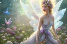 one very little beautiful fairy above one big crystal subtle flower in a galactic ambiance, transparent petals, delicate colors, in the foreground, full of details, smooth, bright sunshine，soft light atmosphere, light effect，vaporwave colorful, concept art, smooth, extremely sharp detail, finely tuned detail, ultra high definition, 8 k, unreal engine 5, ultra sharp focus